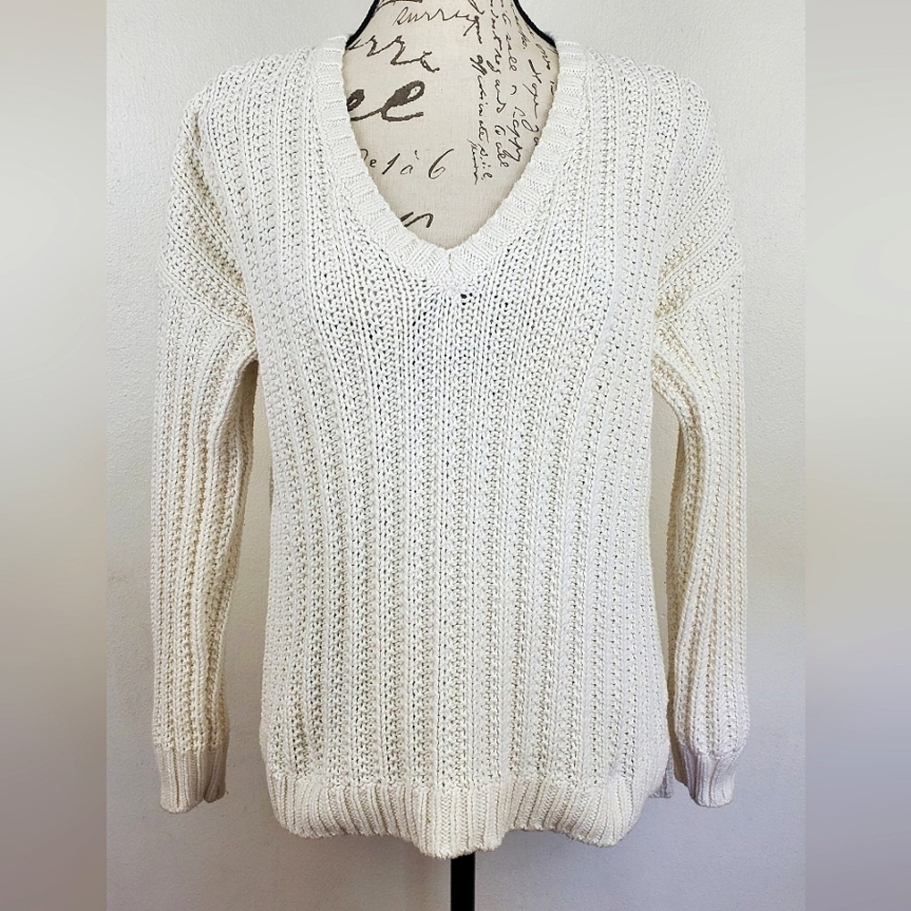 Lucky Brand White Cream Open Knit Sweater Large L Pullover Ribbed V Neck Casual